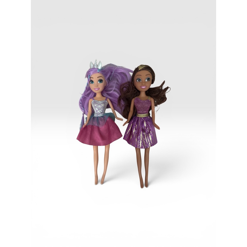 Fantasy Princess Unicorn Doll Lot Purple Hair Sparkle Dress 2pc Set 11 inch